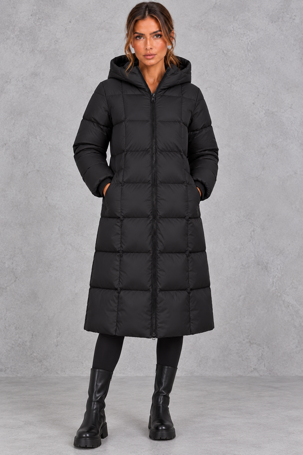 Women’s longline hooded puffer winter coat with streamlined quilting, a high neckline, full zip front and practical side pockets.
