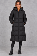 Women’s longline hooded puffer winter coat with streamlined quilting, a high neckline, full zip front and practical side pockets.