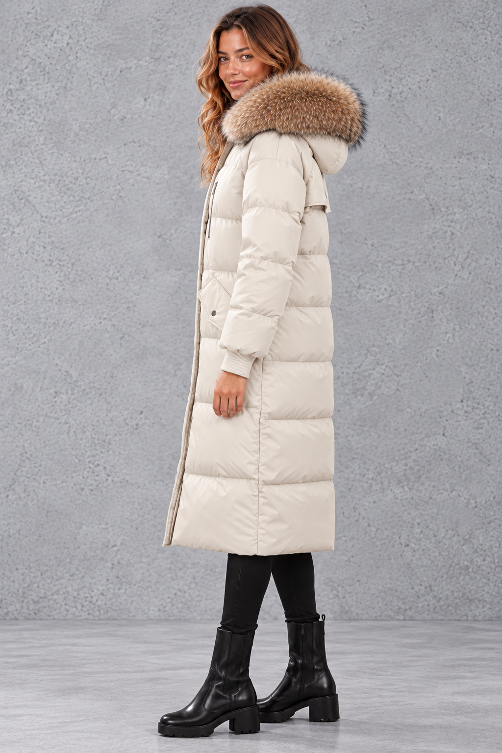 Women's longline puffer parka in Ivory – side view
