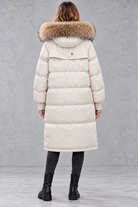 Women's longline puffer parka in Ivory – back view