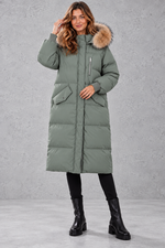 Women's longline puffer parka in Sage – front view