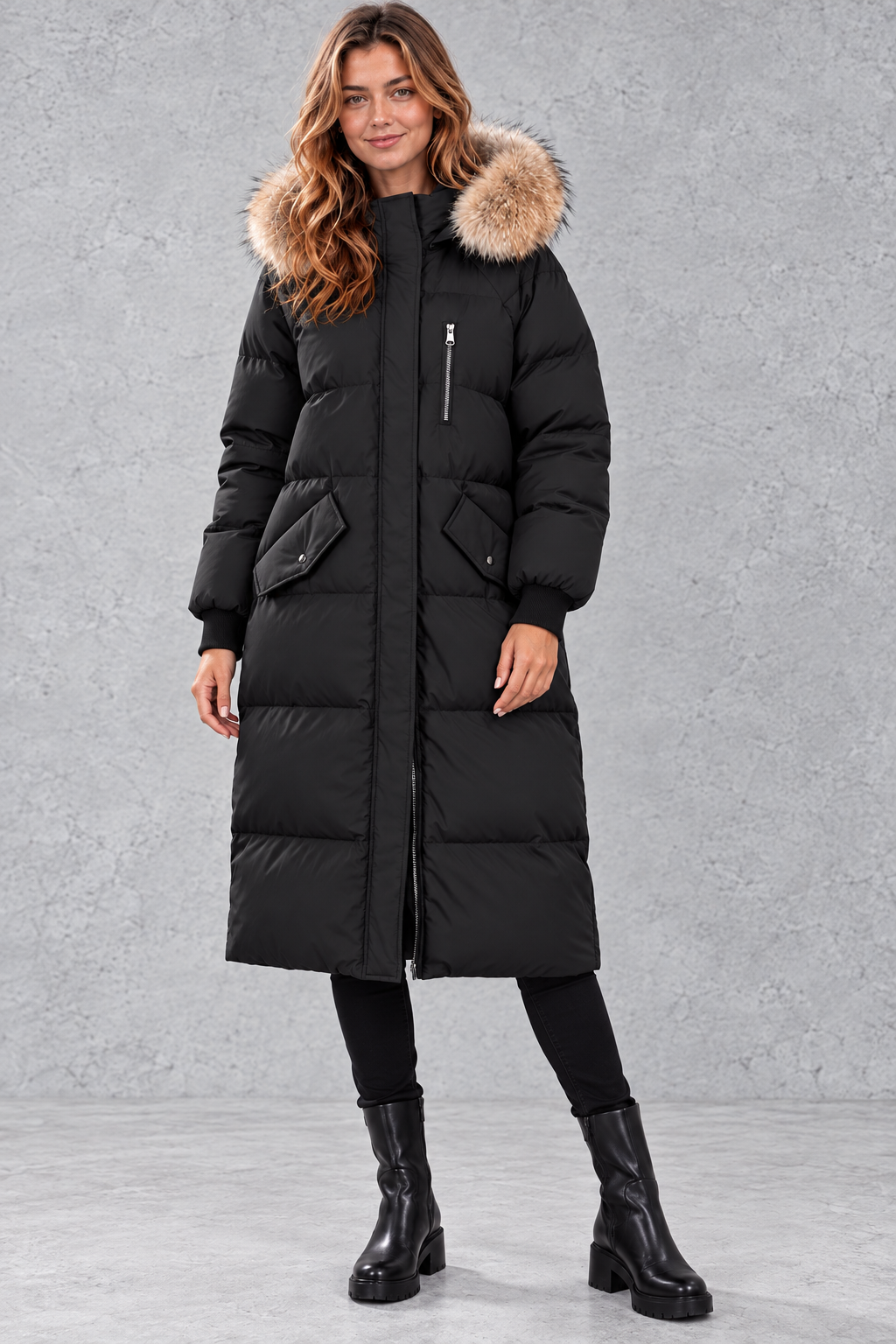 Women's longline puffer parka in Black – front view