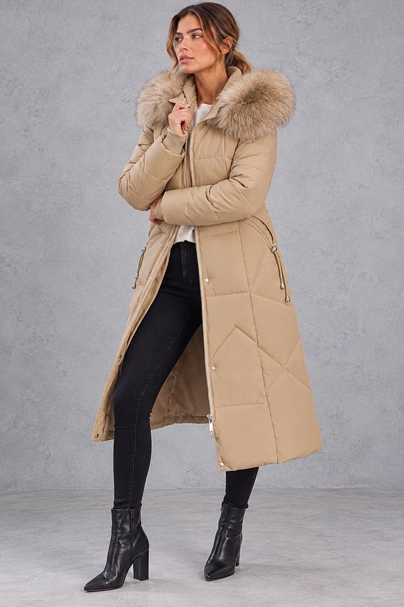 Women's longline quilted puffer coat in Camel – front view