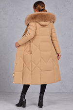 Women's longline quilted puffer coat in Camel – back view