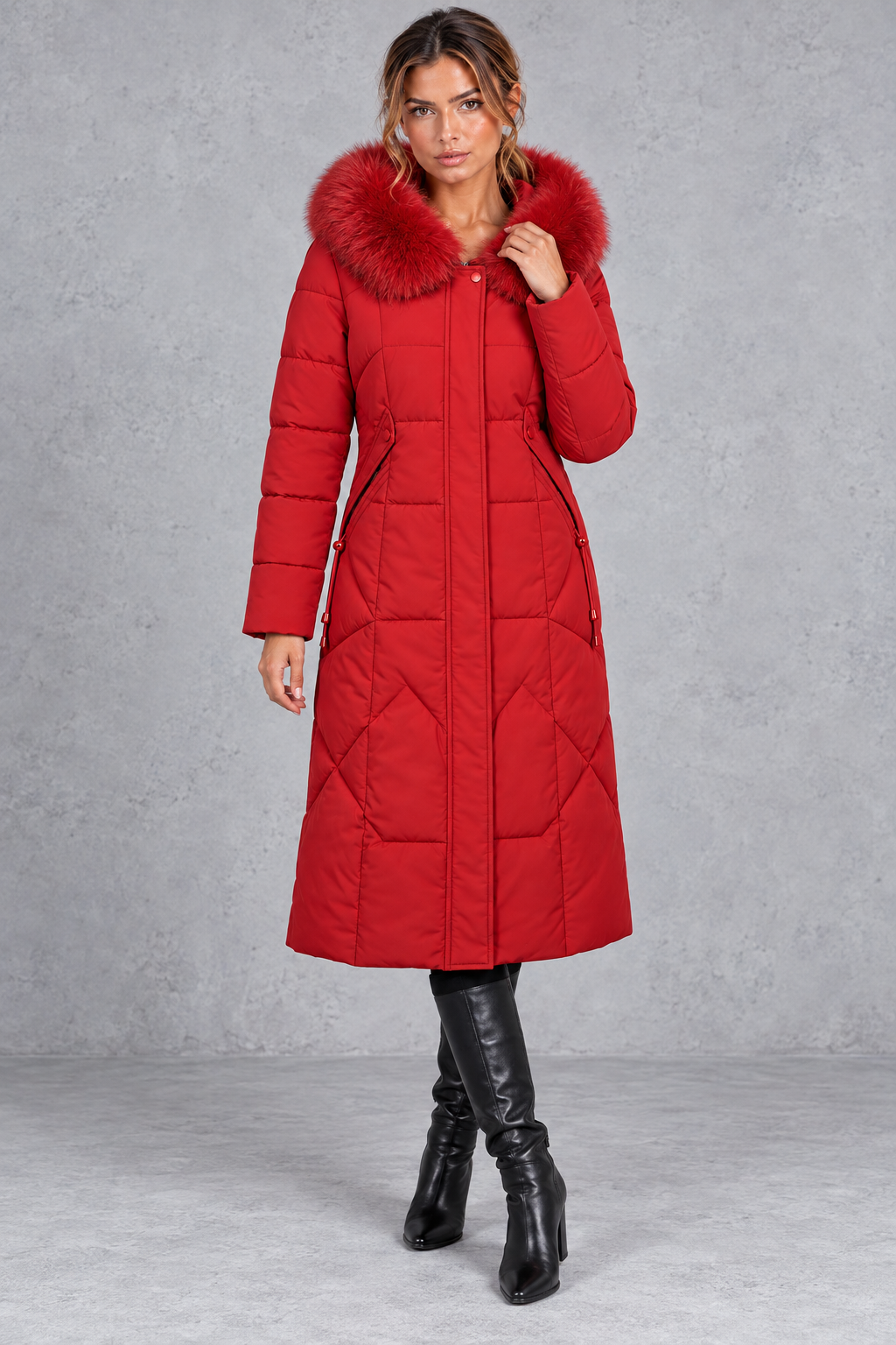Women's longline quilted puffer coat in Red – front view