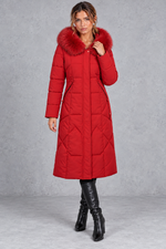 Women's longline quilted puffer coat in Red – front view