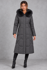 Women's longline quilted puffer coat in Grey – front view