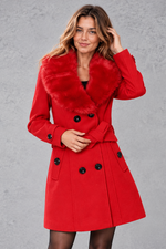 Women's longline winter coat with faux fur collar in Red – front view