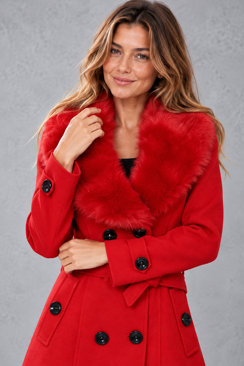 Women's longline winter coat with faux fur collar in Red – close-up