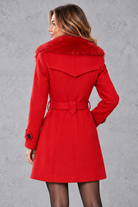 Women's longline winter coat with faux fur collar in Red – back view