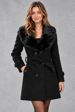 Women's longline winter coat with faux fur collar in Black – front view