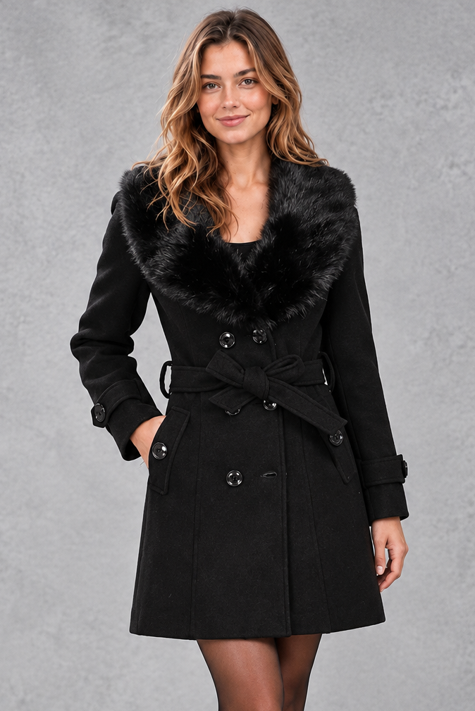 Women's longline winter coat with faux fur collar in Black – front view