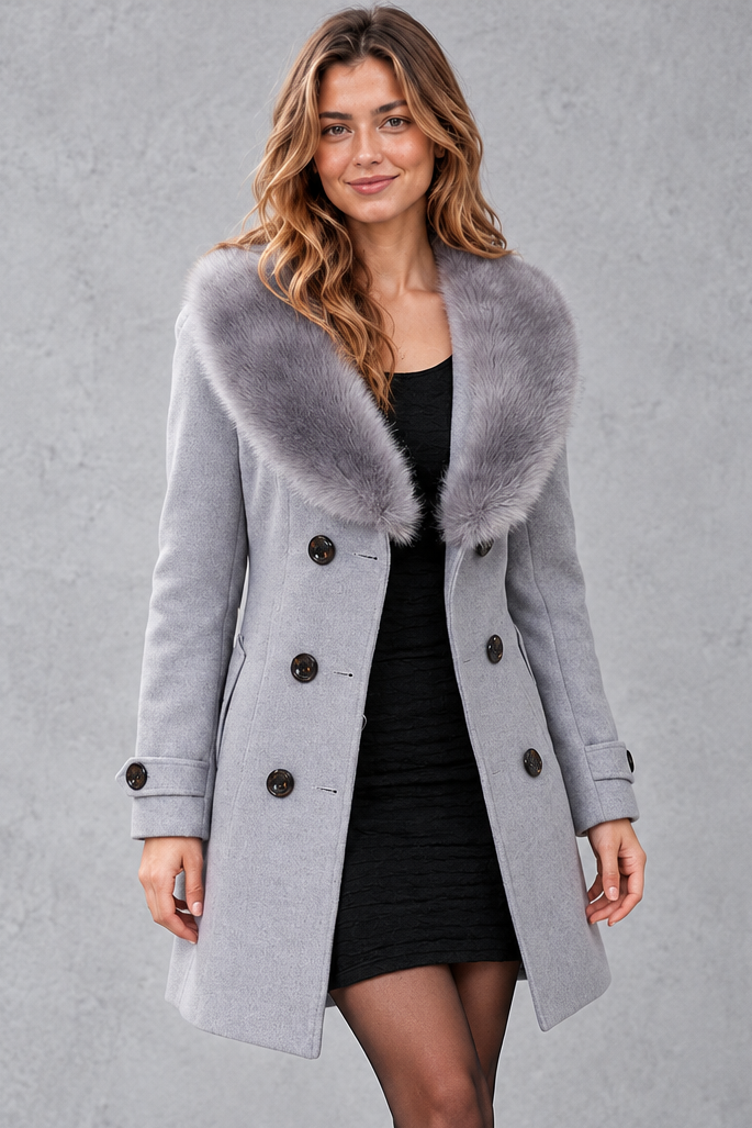 Women's longline winter coat with faux fur collar in Grey – front view
