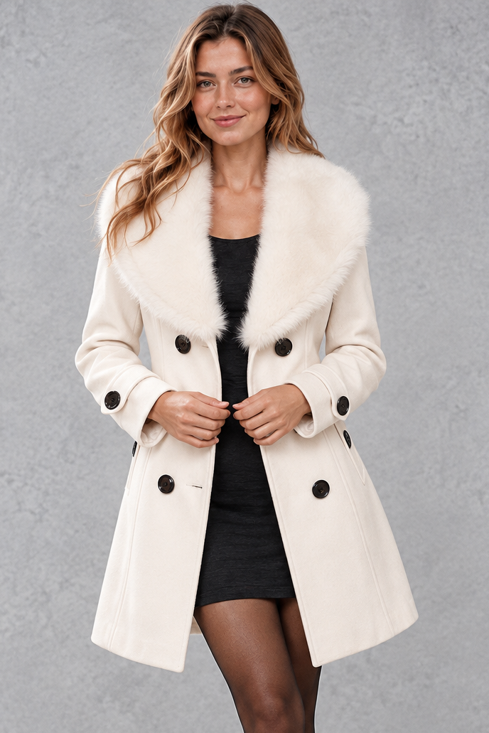 Women's longline winter coat with faux fur collar in White – front view