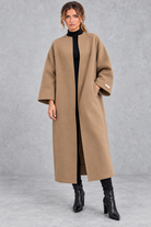 Women's longline wool-blend coat in Camel – front view