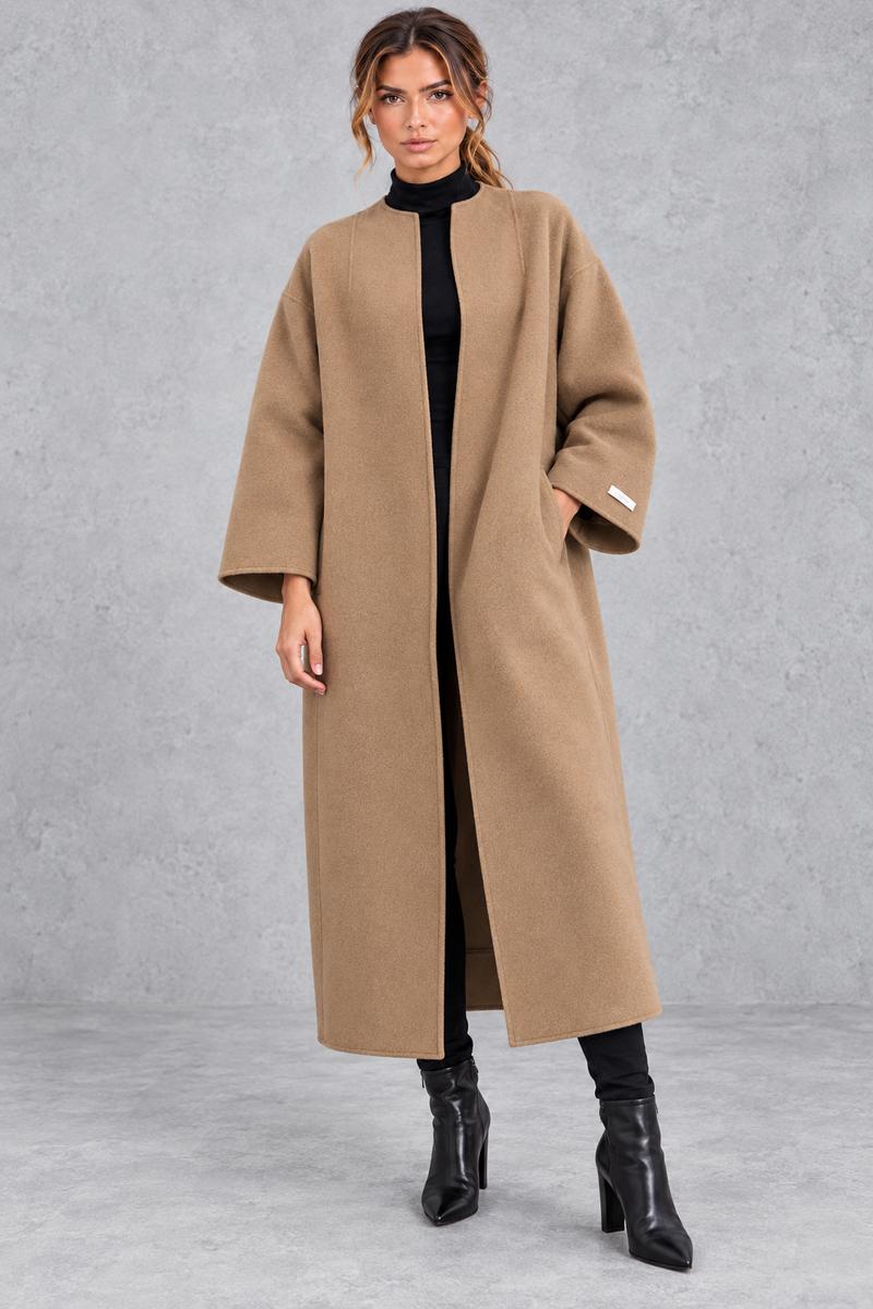 Women's longline wool-blend coat in Camel – front view