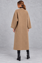 Women's longline wool-blend coat in Camel – back view