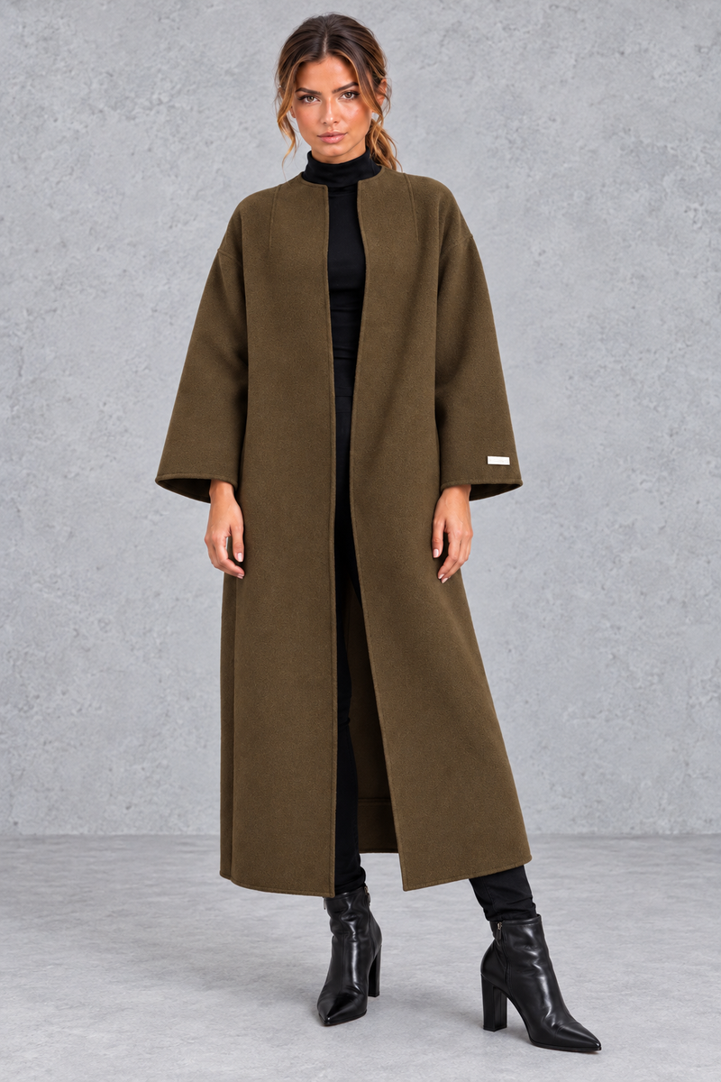 Women's longline wool-blend coat in Olive – front view