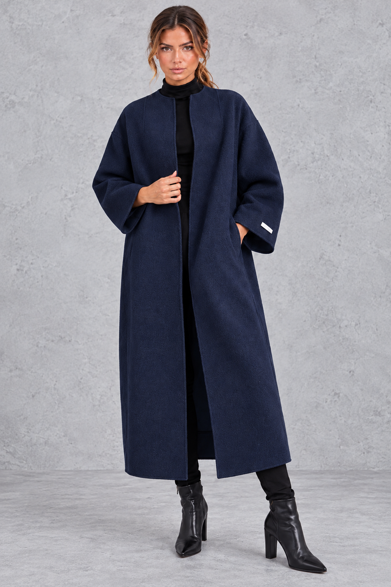 Women's longline wool-blend coat in Navy – front view