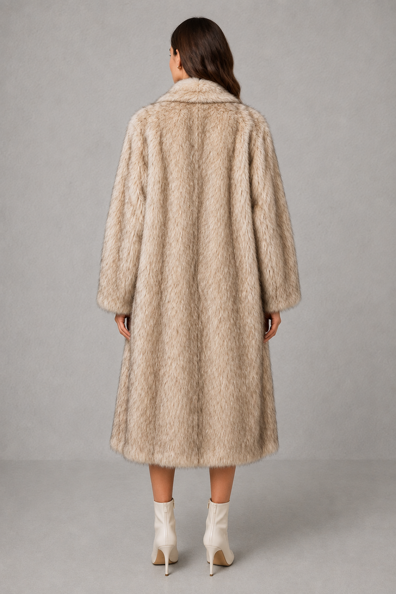 Women’s luxe faux fur coat with a plush voluminous texture and glamorous statement silhouette for elegant autumn and winter styling.