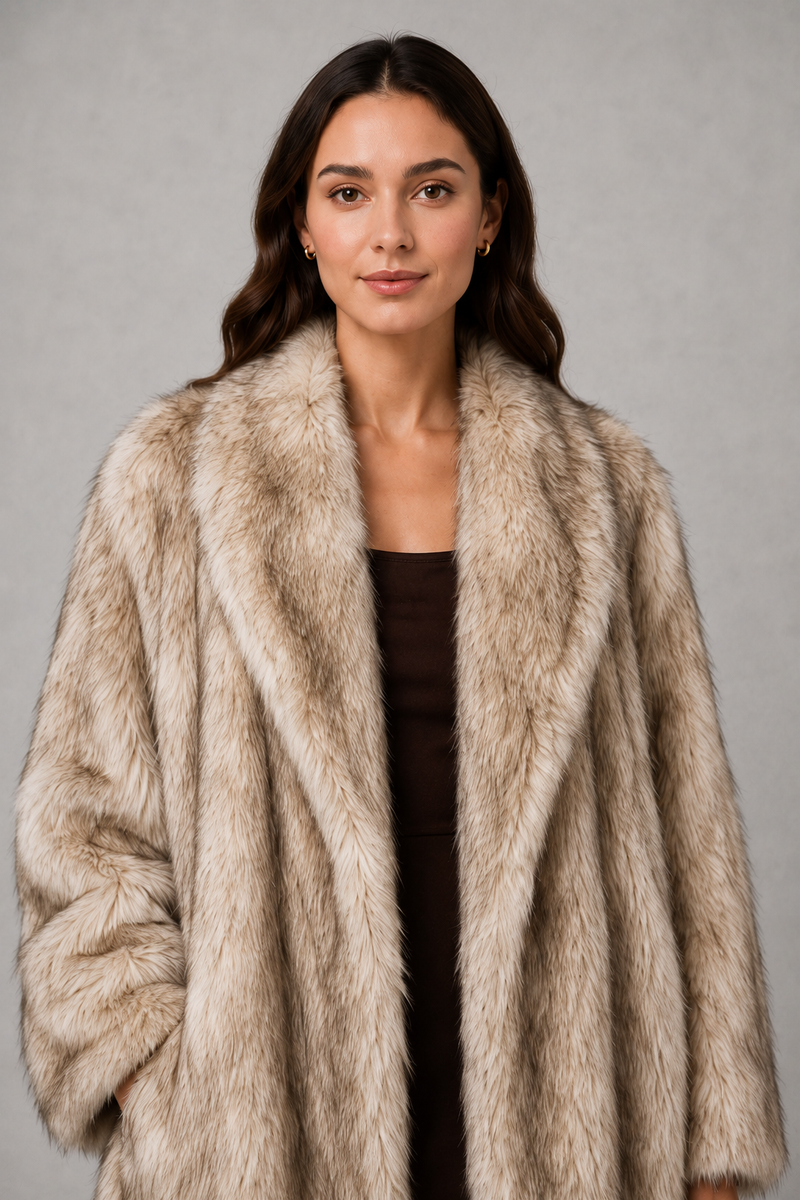 Women’s luxe faux fur coat with a plush voluminous texture and glamorous statement silhouette for elegant autumn and winter styling.