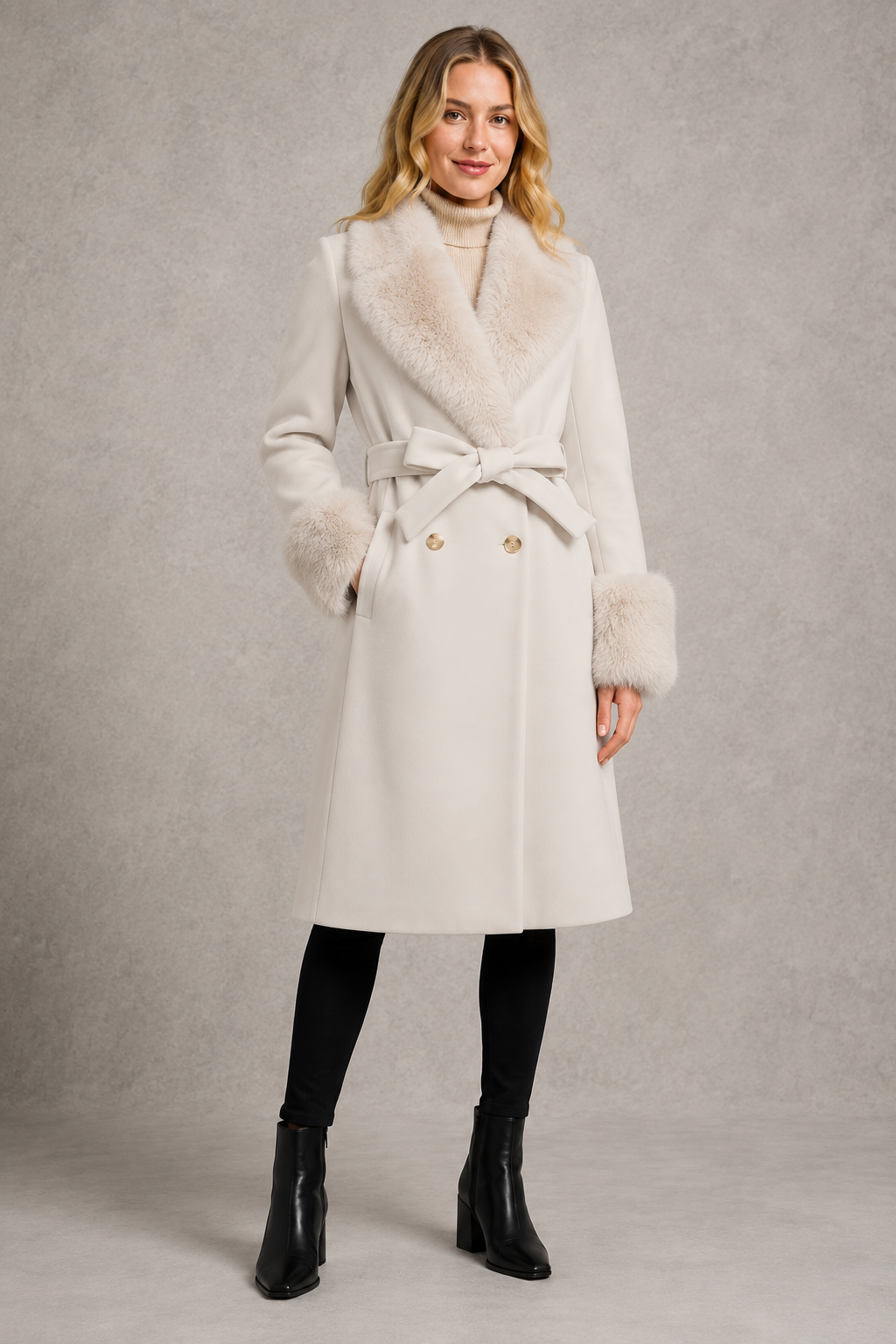 Women's blue luxury longline belted coat crafted from a wool and cashmere blend, featuring removable fox fur trim on the collar and cuffs, tailored silhouette, waist belt and full-length winter design.