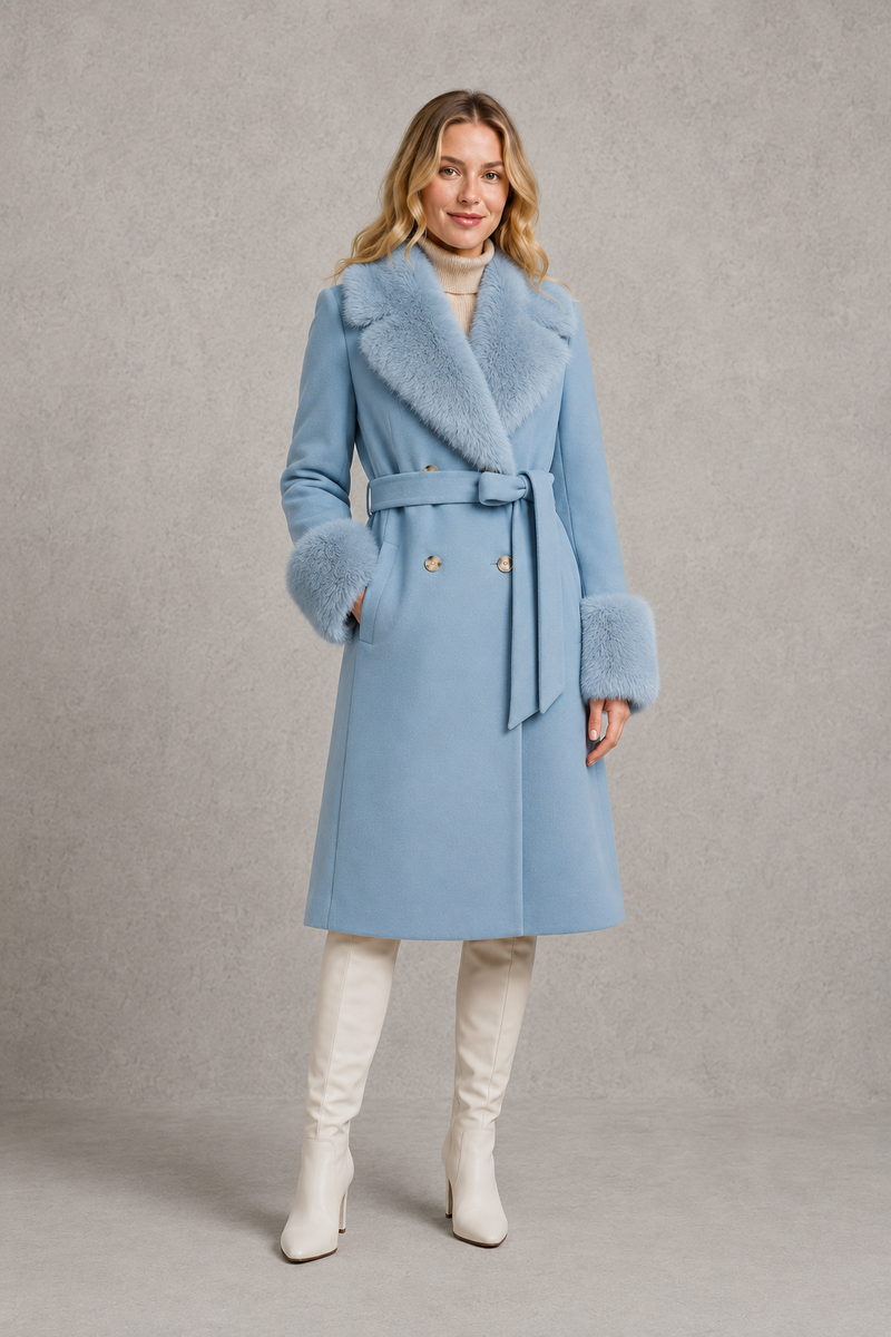 Women's blue luxury longline belted coat crafted from a wool and cashmere blend, featuring removable fox fur trim on the collar and cuffs, tailored silhouette, waist belt and full-length winter design.