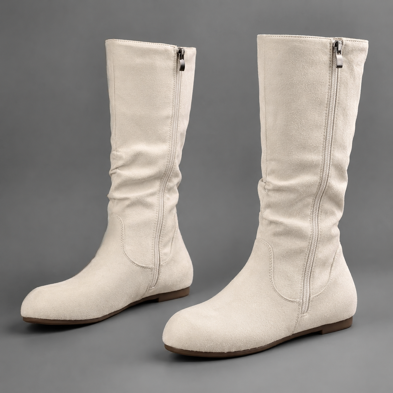 Women's vintage-inspired mid-calf winter boots with a soft fabric upper, side zip fastening, round toe, low block heel and lightweight EVA sole, designed for comfortable everyday wear during autumn and winter.