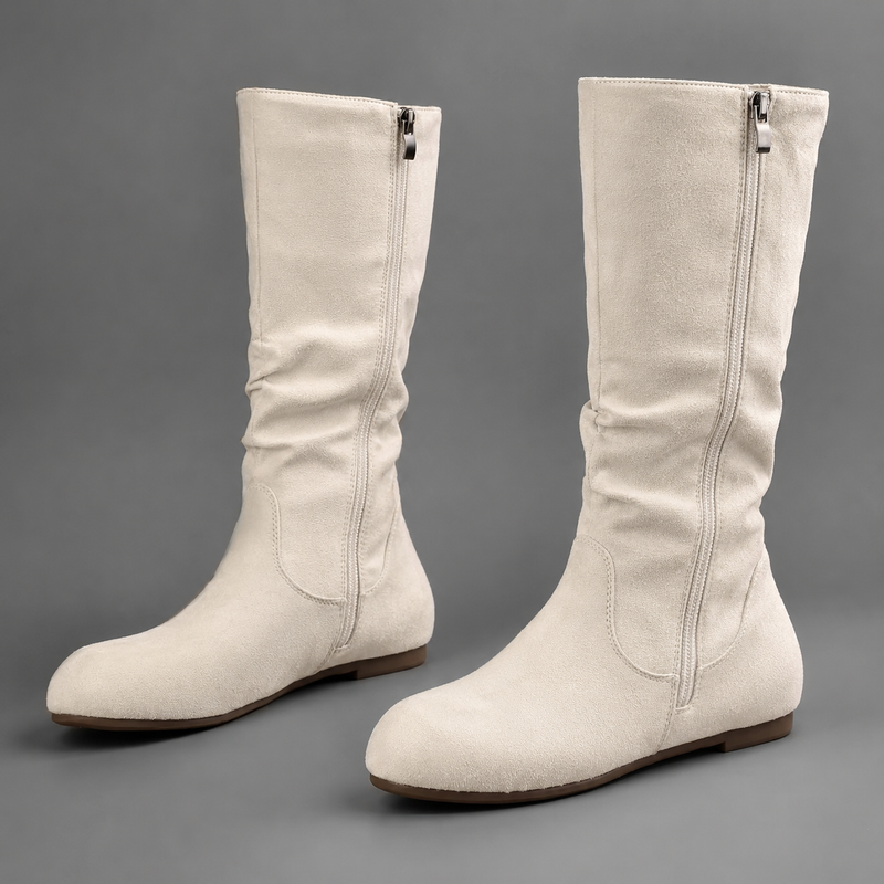 Women's vintage-inspired mid-calf winter boots with a soft fabric upper, side zip fastening, round toe, low block heel and lightweight EVA sole, designed for comfortable everyday wear during autumn and winter.