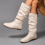 Women's vintage-inspired mid-calf winter boots with a soft fabric upper, side zip fastening, round toe, low block heel and lightweight EVA sole, designed for comfortable everyday wear during autumn and winter.