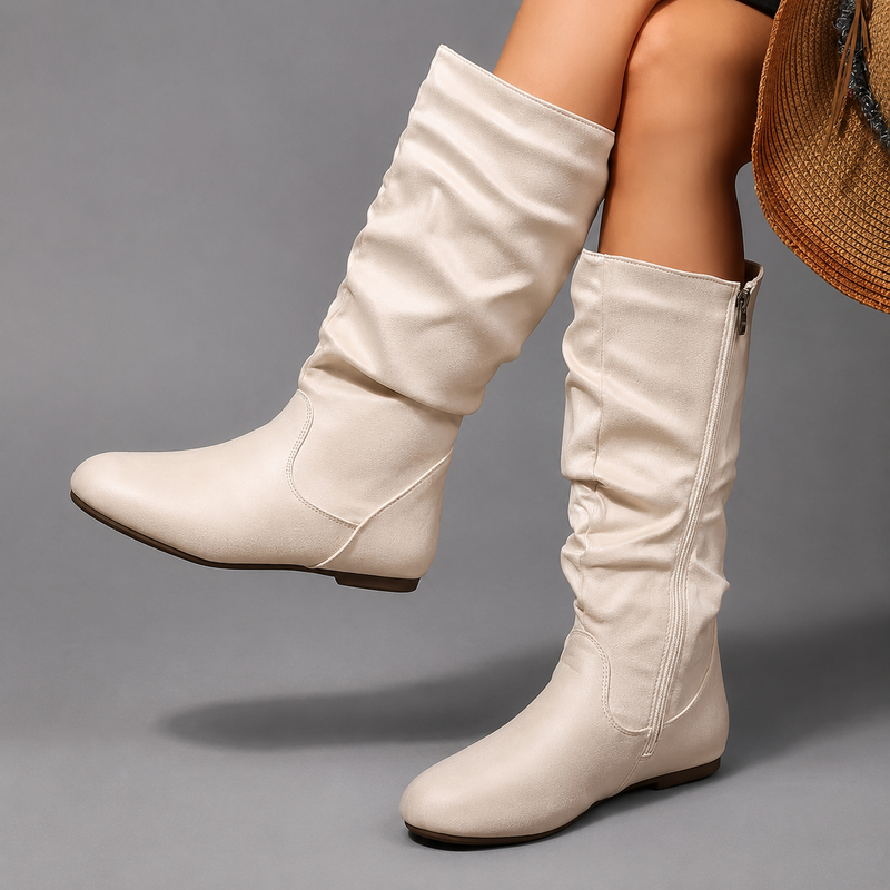 Women's vintage-inspired mid-calf winter boots with a soft fabric upper, side zip fastening, round toe, low block heel and lightweight EVA sole, designed for comfortable everyday wear during autumn and winter.