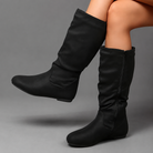 Women's vintage-inspired mid-calf winter boots with a soft fabric upper, side zip fastening, round toe, low block heel and lightweight EVA sole, designed for comfortable everyday wear during autumn and winter.