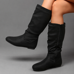 Women's vintage-inspired mid-calf winter boots with a soft fabric upper, side zip fastening, round toe, low block heel and lightweight EVA sole, designed for comfortable everyday wear during autumn and winter.