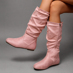Women's vintage-inspired mid-calf winter boots with a soft fabric upper, side zip fastening, round toe, low block heel and lightweight EVA sole, designed for comfortable everyday wear during autumn and winter.