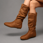 Women's vintage-inspired mid-calf winter boots with a soft fabric upper, side zip fastening, round toe, low block heel and lightweight EVA sole, designed for comfortable everyday wear during autumn and winter.