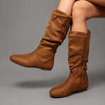 Women's vintage-inspired mid-calf winter boots with a soft fabric upper, side zip fastening, round toe, low block heel and lightweight EVA sole, designed for comfortable everyday wear during autumn and winter.