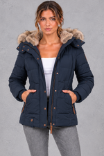 Women's Mid-Thigh Quilted Puffer Coat in Navy Blue – front view