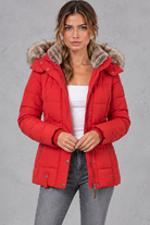 Women's Mid-Thigh Quilted Puffer Coat in Red – front view
