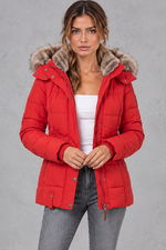 Women's Mid-Thigh Quilted Puffer Coat in Red – front view