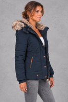 Women's Mid-Thigh Quilted Puffer Coat in Navy Blue – side view