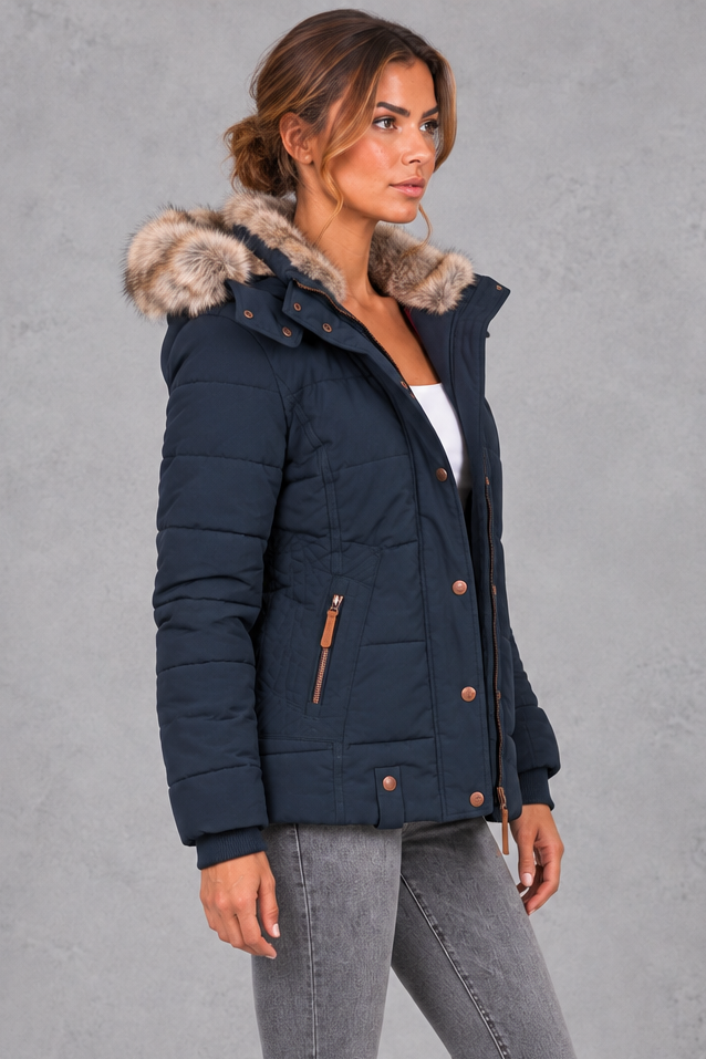 Women's Mid-Thigh Quilted Puffer Coat in Navy Blue – side view