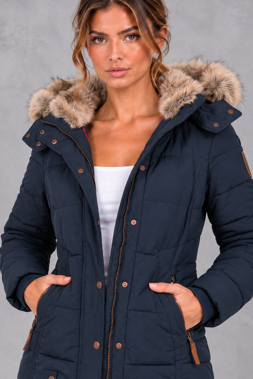 Women's Mid-Thigh Quilted Puffer Coat in Navy Blue – close-up