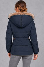 Women's Mid-Thigh Quilted Puffer Coat in Navy Blue – back view