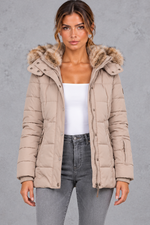 Women's Mid-Thigh Quilted Puffer Coat in Beige – front view