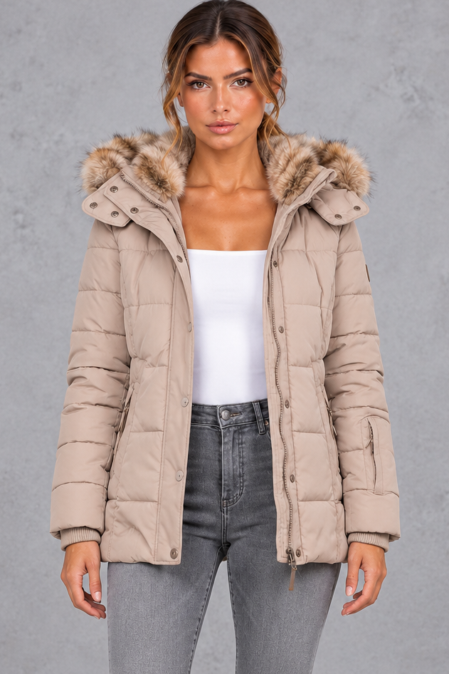 Women's Mid-Thigh Quilted Puffer Coat in Beige – front view