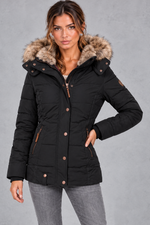Women's Mid-Thigh Quilted Puffer Coat in Black – front view