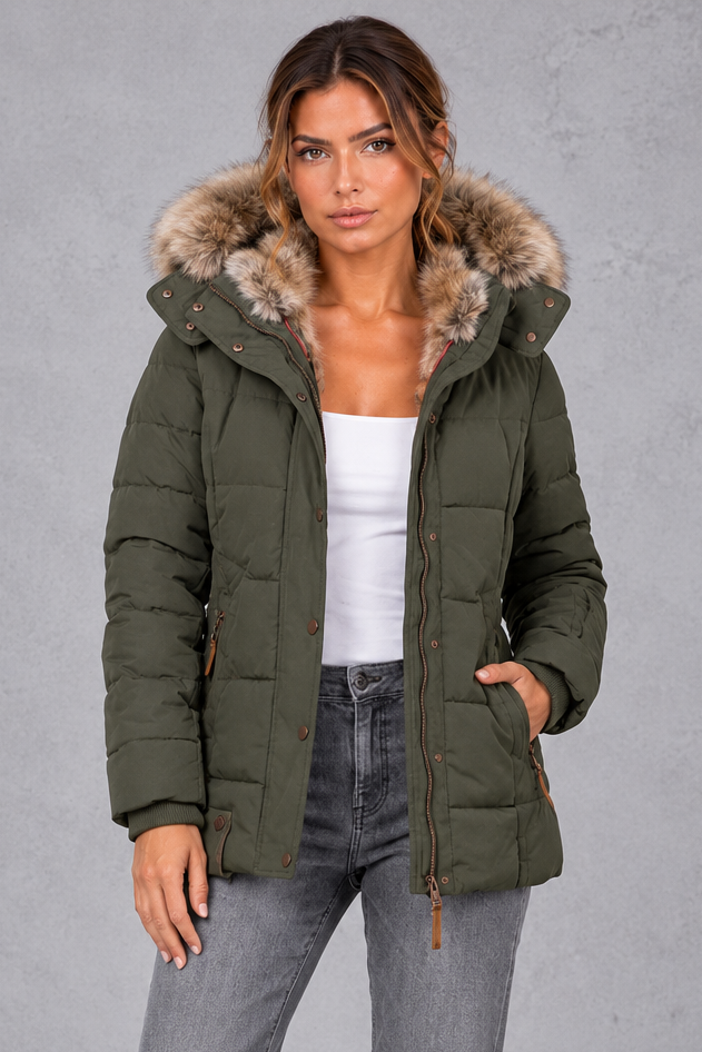 Women's Mid-Thigh Quilted Puffer Coat in Olive Green – front view