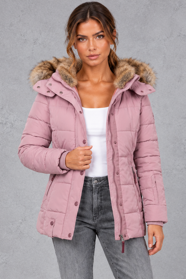 Women's Mid-Thigh Quilted Puffer Coat in Pink – front view