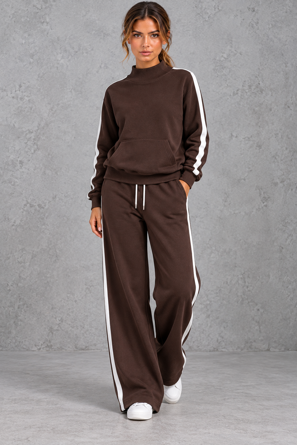 Women's dark brown mock neck wide leg tracksuit set with side stripes – front view