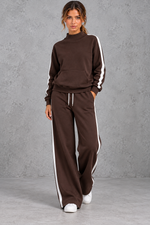 Women's dark brown mock neck wide leg tracksuit set with side stripes – front view